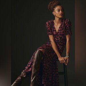 By Anthropologie Printed Rushed Sleeve Maxi Dress